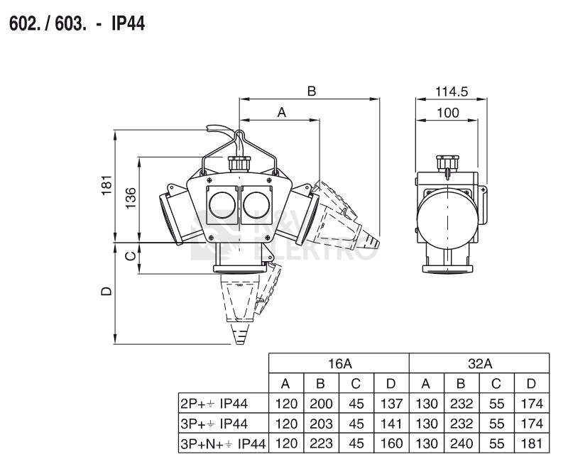 Obrázek produktu Zásuvkový závěsný adaptér Scame 602.22111 3x16A/5P 2x16A/230V IP44 s kabelem a vidlicí 1