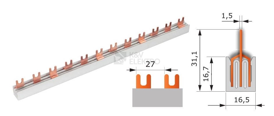 Obrázek produktu Propojovací lišta Malpro E.4316/36STVW vidlička 3pól. rozteč 27mm pro přístroje s pomocnými přístroji 1