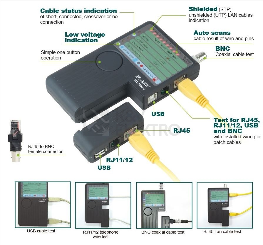 Obrázek produktu  Tester kabelů Proskit MT-7057N USB síťových a koaxiálních kabelů 1