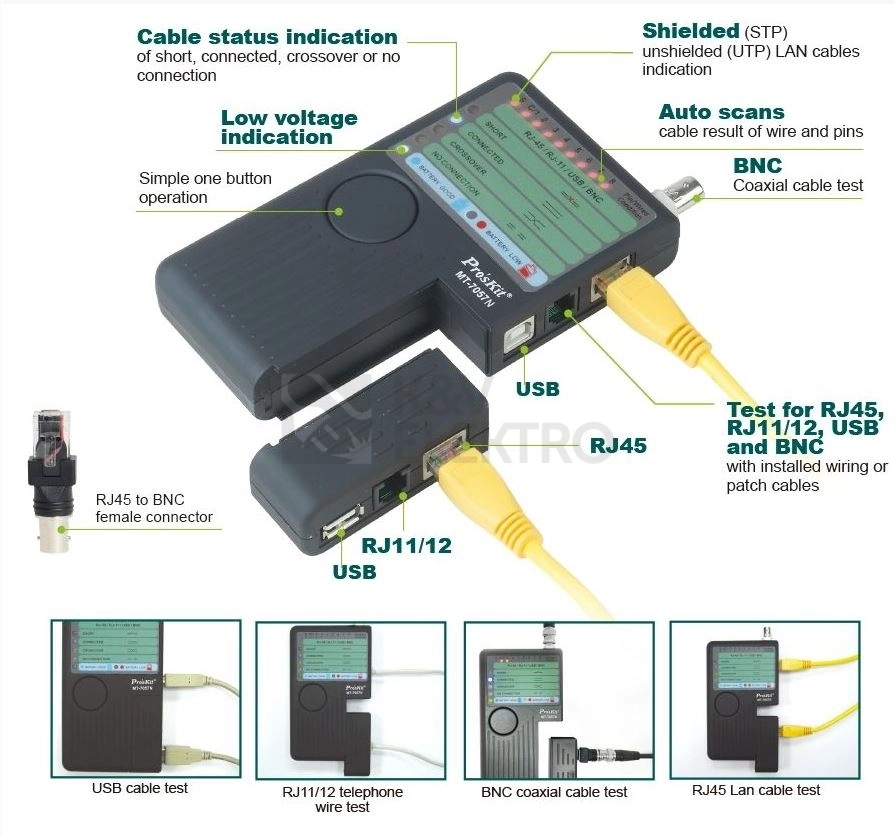 Obrázek produktu Tester kabelů Proskit MT-7057N USB síťových a koaxiálních kabelů 1