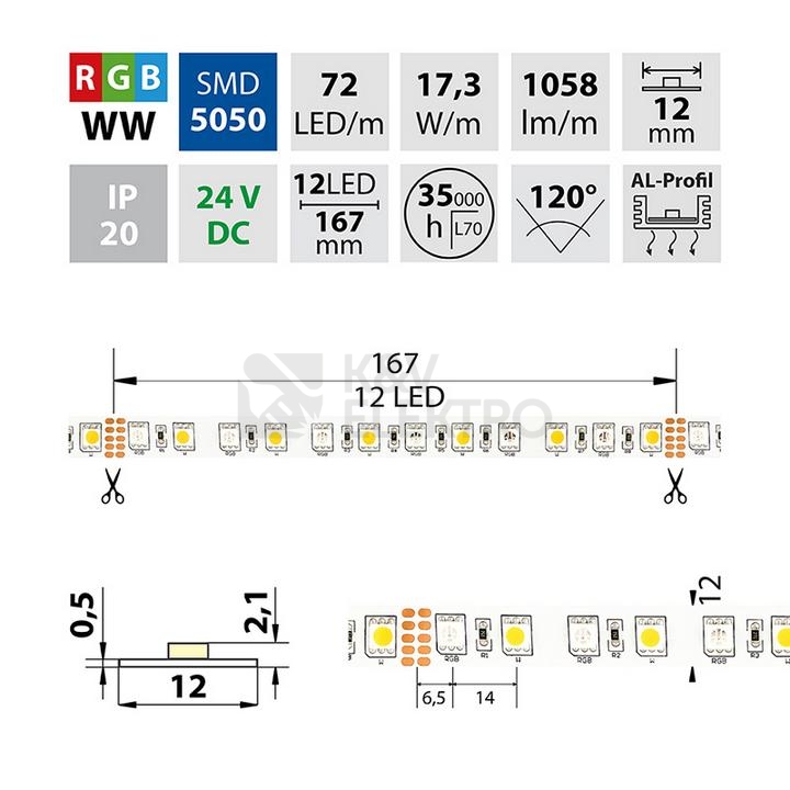 Obrázek produktu  LED pásek McLED 24V RGBW WW teplá bílá 12mm IP20 17,3W/m ML-128.633.60.0 (5m) 3