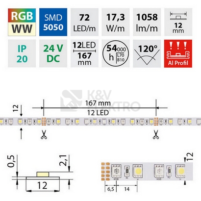 Obrázek produktu  LED pásek McLED 24V RGBW WW teplá bílá 12mm IP20 17,3W/m ML-128.633.60.0 (5m) 6