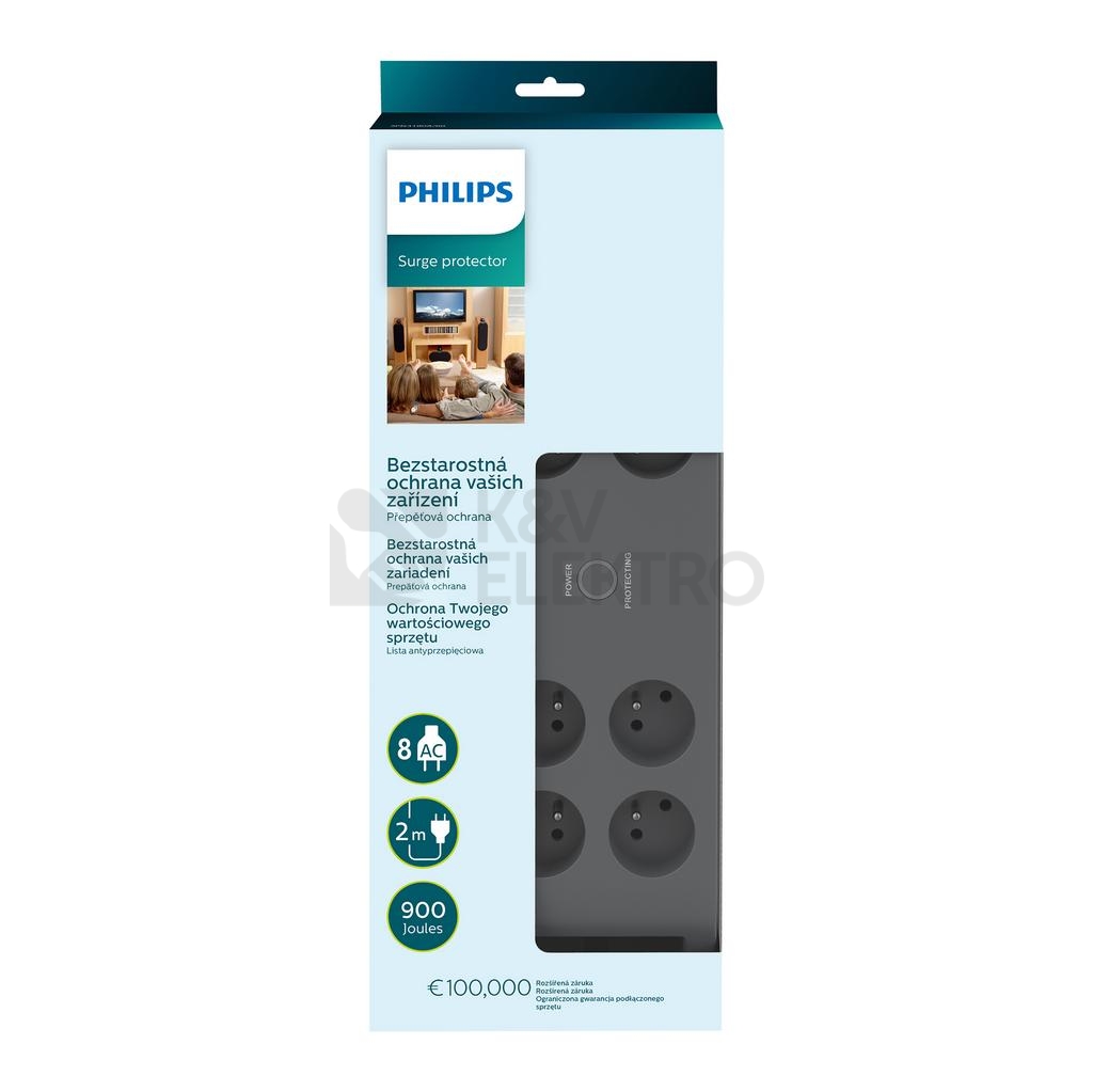 Obrázek produktu Přepěťová ochrana Philips SPN3180A/60 8 zásuvek 2m kabel 16A 900J 4000W 3