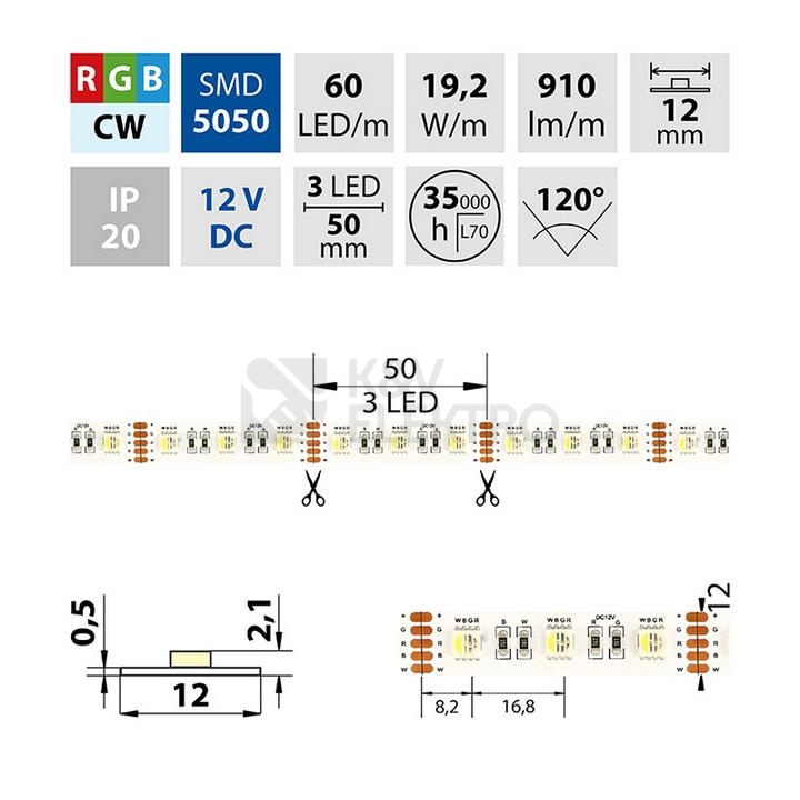Obrázek produktu  LED pásek McLED 12V RGBW CW studená bílá 12mm IP20 19,2W/m ML-123.634.60.0 (5m) 3