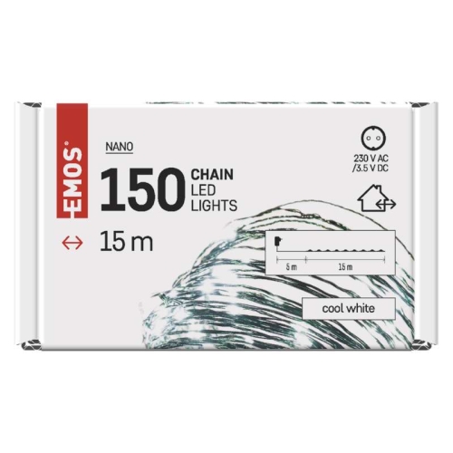 Vánoční osvětlení EMOS D3AC05 ZY1914T 150LED nano řetěz zelený 15m studená bílá s časovačem