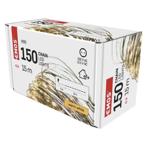 Vánoční osvětlení EMOS D3AW05 ZY1917T 150LED nano řetěz zelený 15m teplá bílá s časovačem
