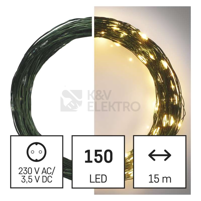 Obrázek produktu Vánoční osvětlení EMOS D3AW05 ZY1917T 150LED nano řetěz zelený 15m teplá bílá s časovačem 0
