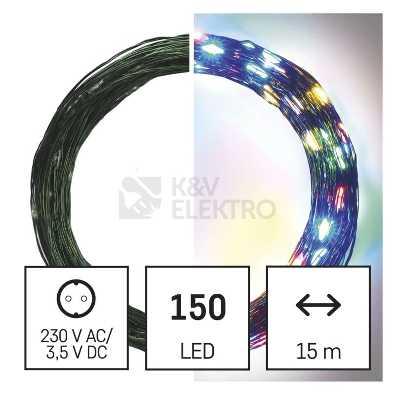 Obrázek produktu Vánoční osvětlení EMOS D3AM03 ZY1920T 150LED nano řetěz zelený 15m multicolor s časovačem 0
