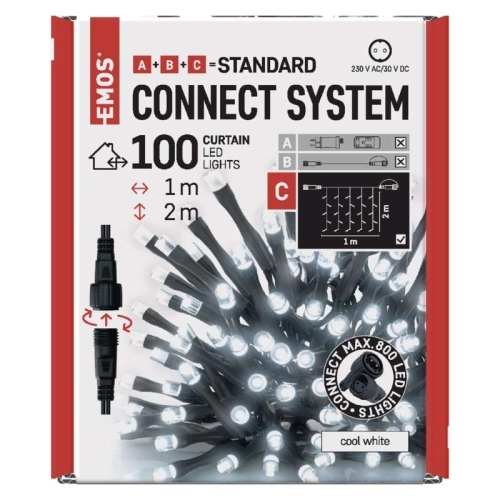 Propojovací vánoční řetěz bez zdroje EMOS Connecting D1EC01 ZY1933 100LED záclona 1x2m studená bílá (obrázek 3)