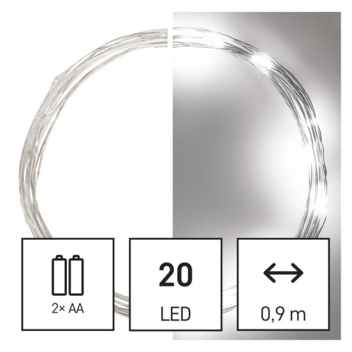 Vánoční osvětlení EMOS D3AC07 ZY1950 20LED nano řetěz stříbrný 1,9m 2xAA studená bílá s časovačem
