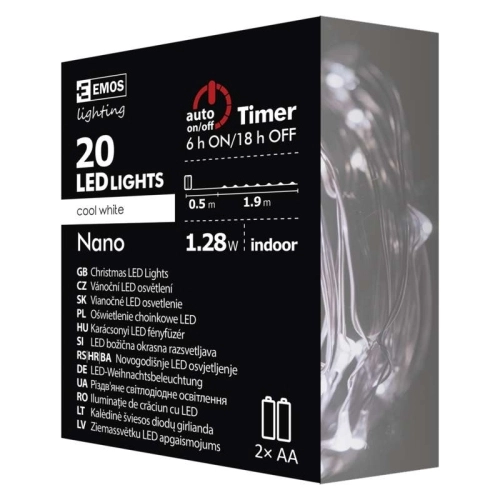 Vánoční osvětlení EMOS D3AC07 ZY1950 20LED nano řetěz stříbrný 1,9m 2xAA studená bílá s časovačem (obrázek 6)