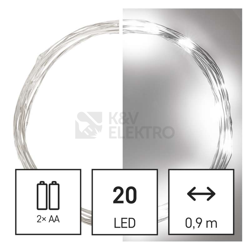 Obrázek produktu Vánoční osvětlení EMOS D3AC07 ZY1950 20LED nano řetěz stříbrný 1,9m 2xAA studená bílá s časovačem 0