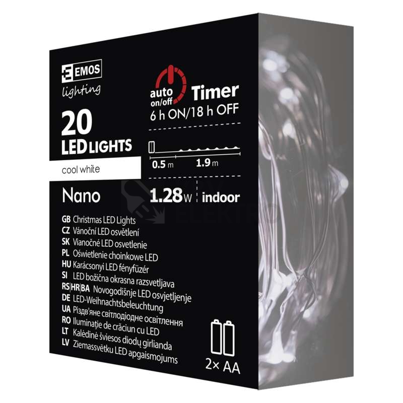 Obrázek produktu Vánoční osvětlení EMOS D3AC07 ZY1950 20LED nano řetěz stříbrný 1,9m 2xAA studená bílá s časovačem 6