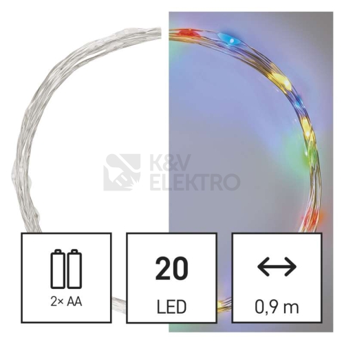 Vánoční osvětlení EMOS D3AM04 ZY1951 20LED nano řetěz stříbrný 1,9m 2xAA multicolor s časovačem