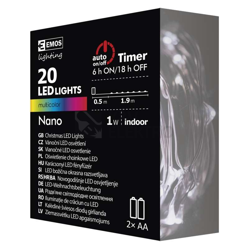 Obrázek produktu Vánoční osvětlení EMOS D3AM04 ZY1951 20LED nano řetěz stříbrný 1,9m 2xAA multicolor s časovačem 6