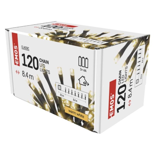 Vánoční osvětlení EMOS D4FW03 ZY2056 120LED řetěz 8,4m 3xAA teplá bílá s časovačem