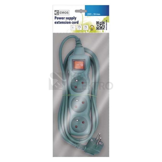 Obrázek produktu  Prodlužovací kabel EMOS 3m/3zásuvky s vypínačem zelená P1313Z 1912330300 2