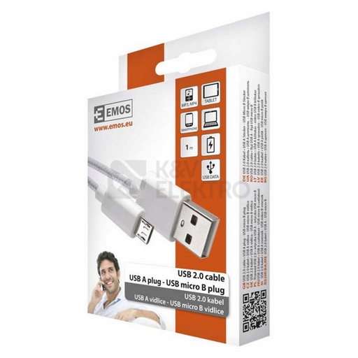 Obrázek produktu USB kabel EMOS 2.0 A/M - micro B/M 1m bílý SM7006W 1