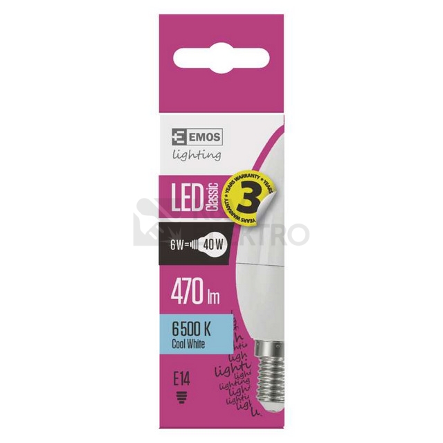 Obrázek produktu LED žárovka E14 EMOS Classic Candle 6W (40W) studená bílá (6500K) svíčka 1