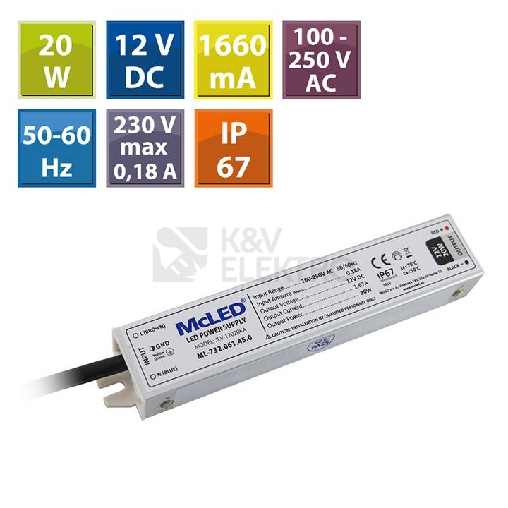 Obrázek produktu LED napájecí zdroj McLED 12VDC 1,67A 20W ML-732.061.45.0 1