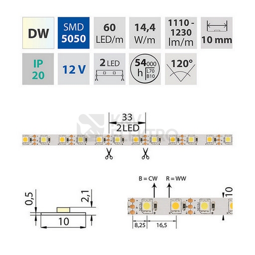 Obrázek produktu LED pásek McLED 12V teplá+studená bílá š=10mm IP20 14,4W/m 60LED/m ML-122.631.60.0 (5m) 5