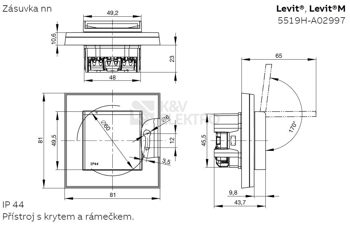 Obrázek produktu ABB Levit M zásuvka IP44 onyx/kouřová černá 5519H-A02997 63 s clonkami 2