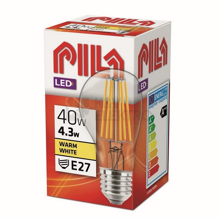 Obrázek produktu LED žárovka E27 PILA A60 Filament čirá 4,3W (40W) teplá bílá (2700K) 2