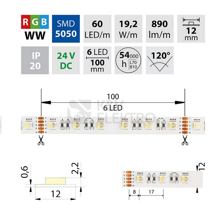 Obrázek produktu  LED pásek McLED 24V RGBW WW teplá bílá 12mm IP20 19,2W/m ML-128.635.60.2 3