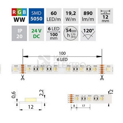 Obrázek produktu LED pásek McLED 24V RGBW WW teplá bílá 12mm IP20 19,2W/m ML-128.635.60.2 3