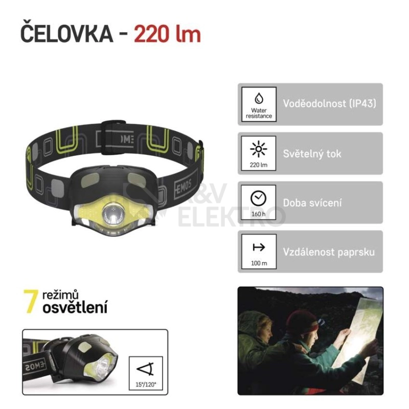 Obrázek produktu COB LED čelovka EMOS P3536 220lm 100m 3x AAA 13