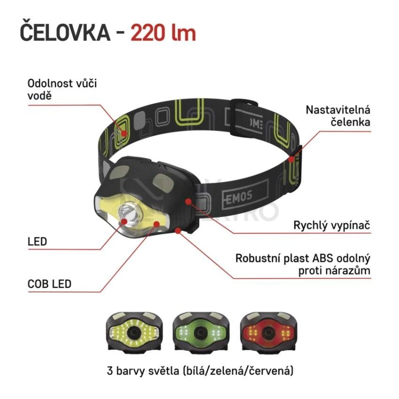 Obrázek produktu COB LED čelovka EMOS P3536 220lm 100m 3x AAA 14