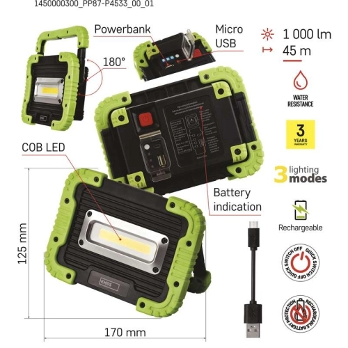 Pracovní nabíjecí LED svítidlo EMOS P4533 10W 1000lm Li-Ion 4400mAh (obrázek 5)