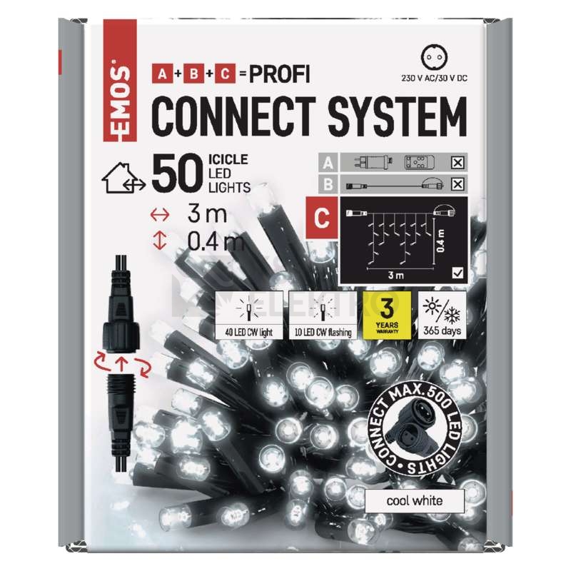 Obrázek produktu Propojovací vánoční řetěz bez zdroje EMOS Connecting D2CC03 ZY2287 50LED krápníky 3m studená bílá částečně blikající 2