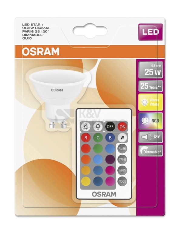 Obrázek produktu  LED žárovka GU10 PAR16 Osram STAR+ 4,5W (25W) s dálkovým ovladačem RGBW (teplá bílá 2700K) 120° stmívatelná 0