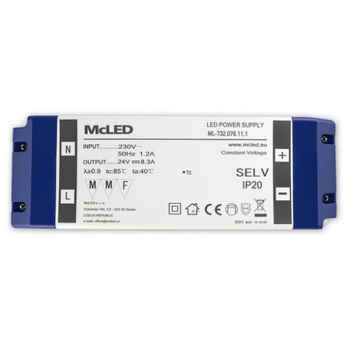 Nábytkový LED napájecí zdroj McLED 24VDC 200W 8,3A ML-732.076.11.1