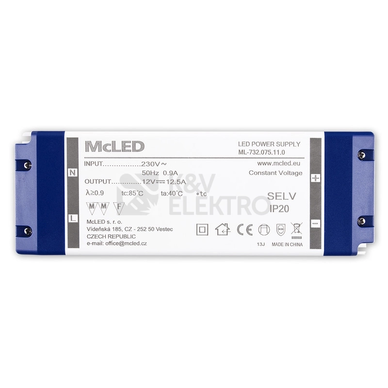 Obrázek produktu Nábytkový LED napájecí zdroj McLED 12VDC 150W 12,5A ML-732.075.11.0 3