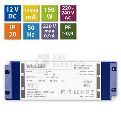 Obrázek produktu Nábytkový LED napájecí zdroj McLED 12VDC 150W 12,5A ML-732.075.11.0 9