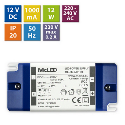 Nábytkový LED napájecí zdroj McLED 12VDC 12W 1A ML-732.070.11.0