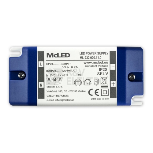 Nábytkový LED napájecí zdroj McLED 12VDC 12W 1A ML-732.070.11.0