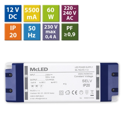 Nábytkový LED napájecí zdroj McLED 12VDC 60W 5A ML-732.072.11.0