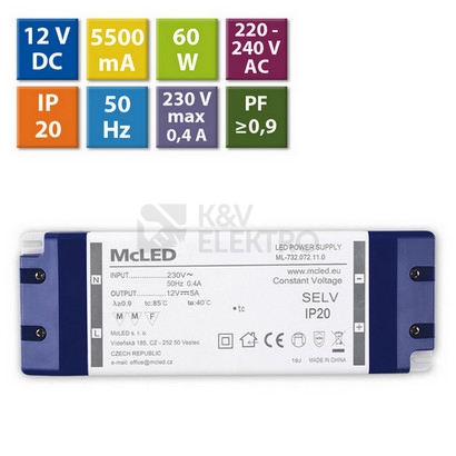 Obrázek produktu Nábytkový LED napájecí zdroj McLED 12VDC 60W 5A ML-732.072.11.0 9