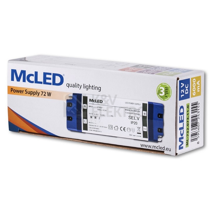 Obrázek produktu Nábytkový LED napájecí zdroj McLED 12VDC 72W 6A ML-732.073.11.0 5