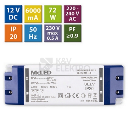 Obrázek produktu Nábytkový LED napájecí zdroj McLED 12VDC 72W 6A ML-732.073.11.0 8