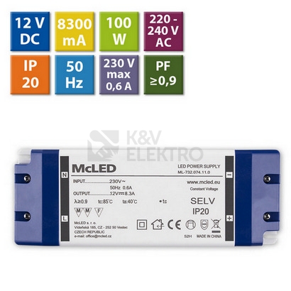 Obrázek produktu Nábytkový LED napájecí zdroj McLED 12VDC 100W 8,3A ML-732.074.11.0 9