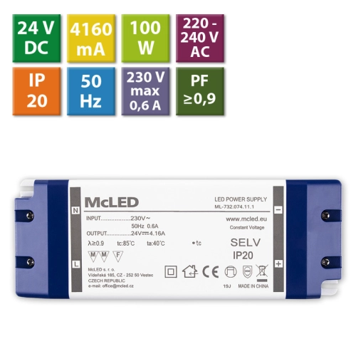 Nábytkový LED napájecí zdroj McLED 24VDC 100W 4,16A ML-732.074.11.1