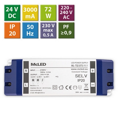 Nábytkový LED napájecí zdroj McLED 24VDC 72W 3A ML-732.073.11.1 (obrázek 6)