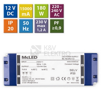 Obrázek produktu Nábytkový LED napájecí zdroj McLED 12VDC 180W 15A ML-732.076.11.0 3