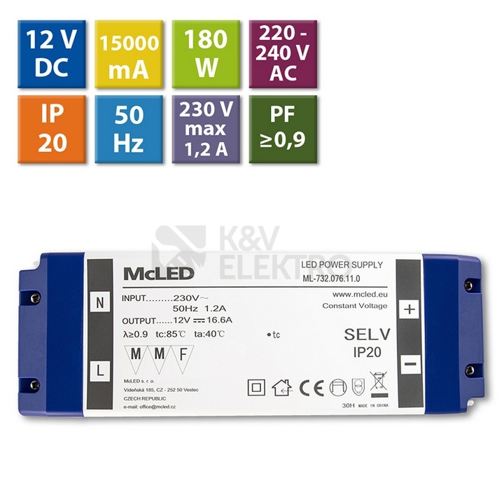 Obrázek produktu Nábytkový LED napájecí zdroj McLED 12VDC 180W 15A ML-732.076.11.0 7