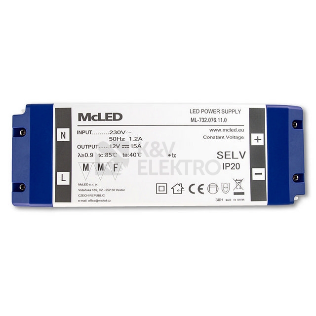 Obrázek produktu Nábytkový LED napájecí zdroj McLED 12VDC 180W 15A ML-732.076.11.0 11