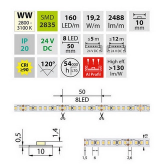 LED pásek McLED 24V teplá bílá CRI90 š=10mm IP20 19,2W/m 160LED/m SMD2835 ML-126.888.60.2 (obrázek 4)